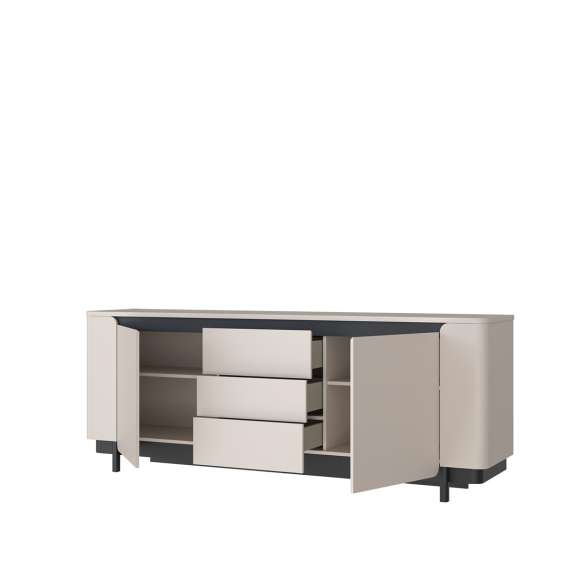 Skjenk Vodol 205x78 cm - 2 dører - 3 skuffer - beige sand - svart matt - avrundede kanter