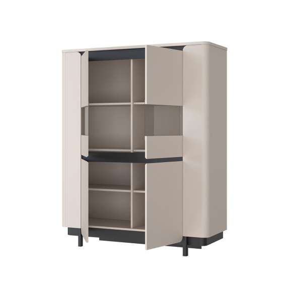 Vitrineskap Vodol 130x161 cm - 2 dører - beige sand - svart matt - avrundede kanter