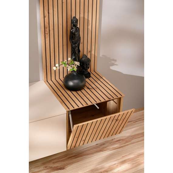 Tv-benk med veggpanel  Solo 186x132 cm - 3 dører - cashmere - eik artisan