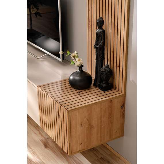 Tv-benk med veggpanel  Solo 186x132 cm - 3 dører - cashmere - eik artisan