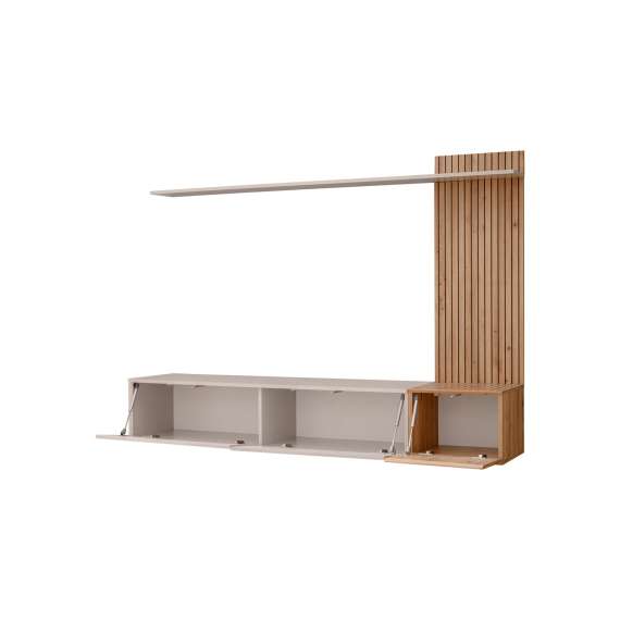 Tv-benk med veggpanel  Solo 186x132 cm - 3 dører - cashmere - eik artisan