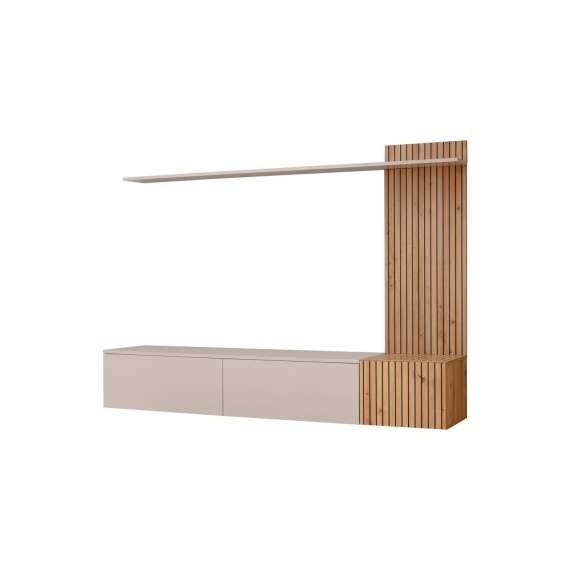 Tv-benk med veggpanel  Solo 186x132 cm - 3 dører - cashmere - eik artisan