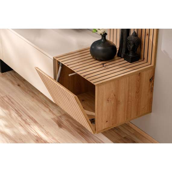 Tv-benk med veggpanel  Solo 186x132 cm - 3 dører - cashmere - eik artisan
