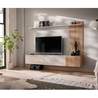 Tv-benk med veggpanel  Solo 186x132 cm - 3 dører - cashmere - eik artisan