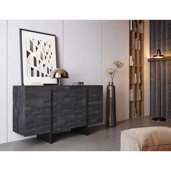 Skjenk Larena 150x87 cm - sort betong - 2 dører - 3 skuffer