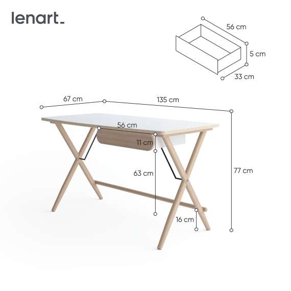 Skrivebord Match MW 135x67 cm - lys eik - hvit