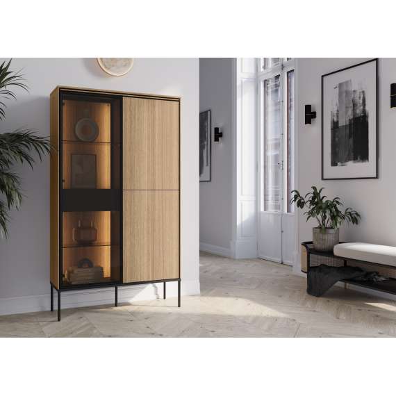 Vitrineskap Visso 91x158 cm - eik - med LED lys