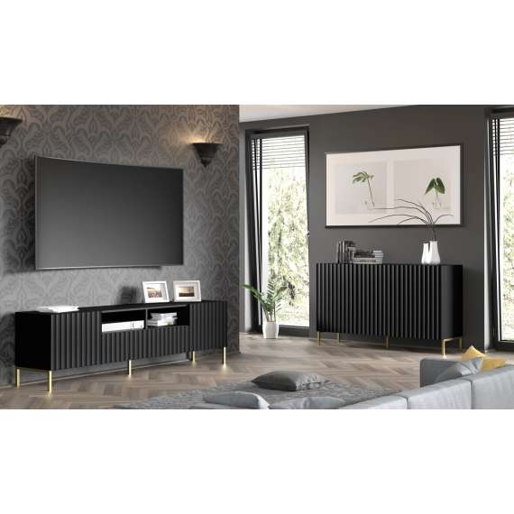 Skjenk Wave 150 cm - 3 dører - svart matt - metall ben