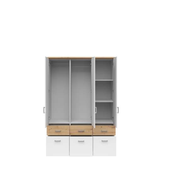 Garderobeskap Brandon 136x199 cm - 3 dører - 6 skuffer - speil - eik artisan - hvit matt