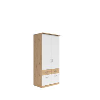 Garderobeskap Brandon 91x199 cm - 2 dører - 4 skuffer - eik artisan - hvit matt