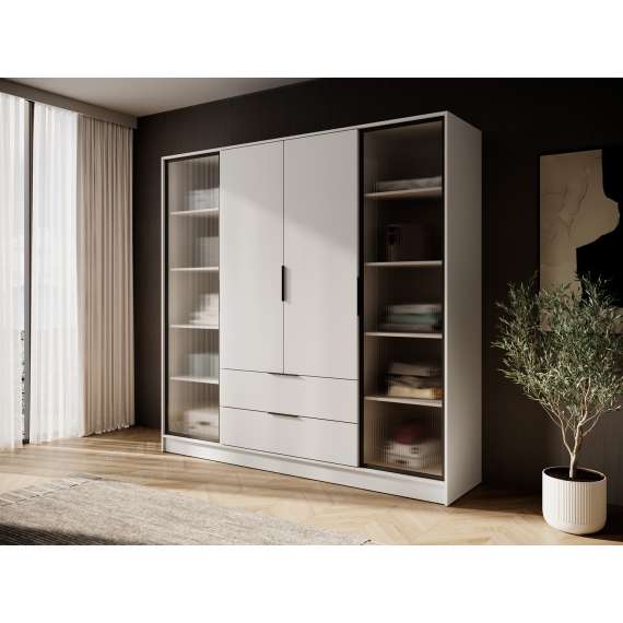 Garderobeskap Kelly 206x200 cm - cashmere - glassdører - med innredning