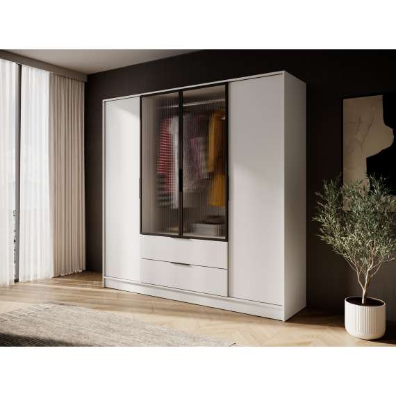 Garderobeskap Kelly 206x200 cm - cashmere - glassdører - med innredning