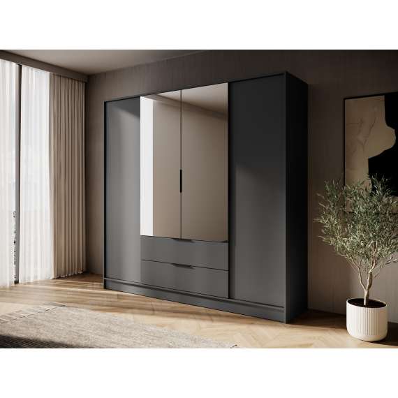 Garderobeskap Kelly 206x200 cm - grafittgrå - speil - med innredning