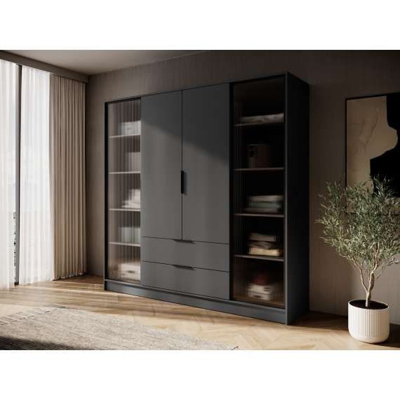 Garderobeskap Kelly 206x200 cm - grafittgrå - glassdører - med innredning