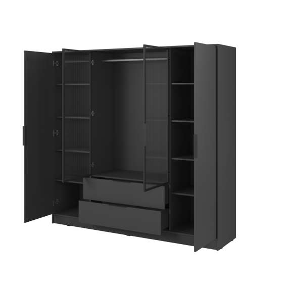 Garderobeskap Kelly 206x200 cm - grafittgrå - glassdører - med innredning