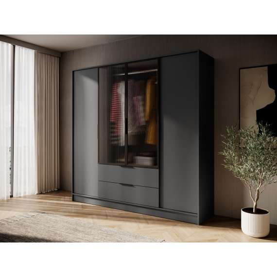 Garderobeskap Kelly 206x200 cm - grafittgrå - glassdører - med innredning