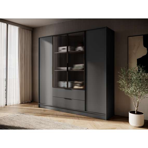 Garderobeskap Kelly 206x200 cm - grafittgrå - hyller - med innredning