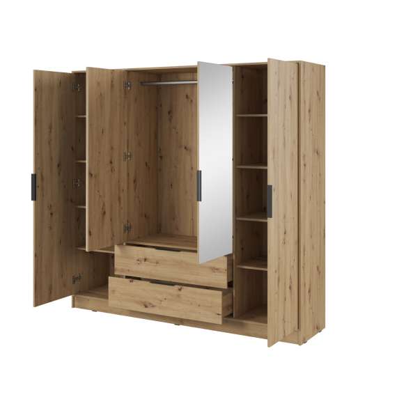 Garderobeskap Kelly 206x200 cm - eik - speil - med innredning