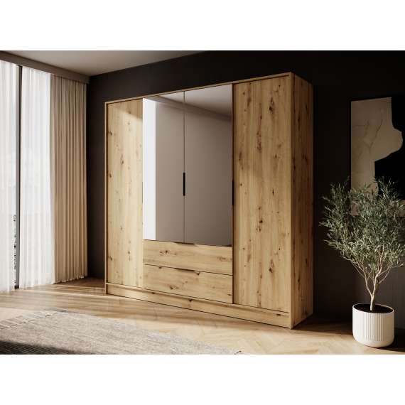 Garderobeskap Kelly 206x200 cm - eik - speil - med innredning