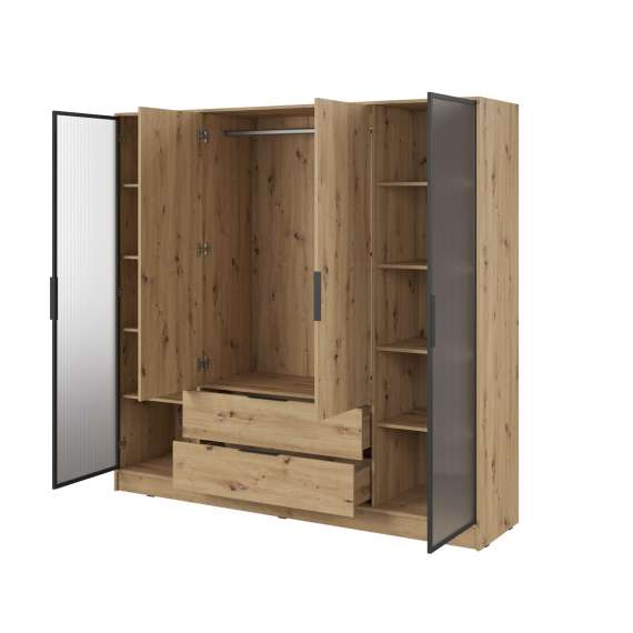 Garderobeskap Kelly 206x200 cm - eik - glassdører - med innredning
