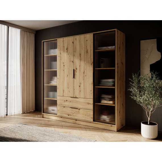 Garderobeskap Kelly 206x200 cm - eik - glassdører - med innredning