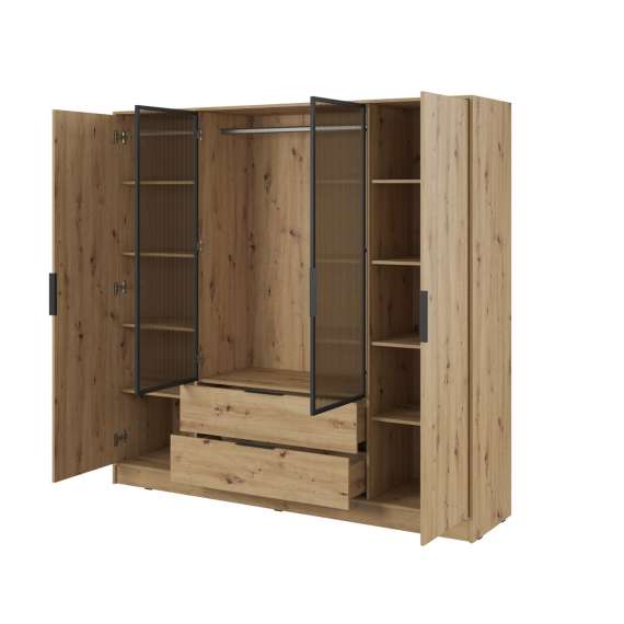 Garderobeskap Kelly 206x200 cm - eik - glassdører - med innredning