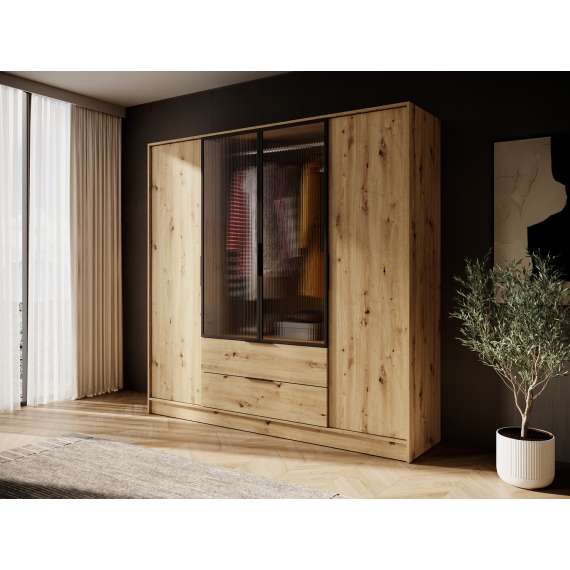 Garderobeskap Kelly 206x200 cm - eik - glassdører - med innredning