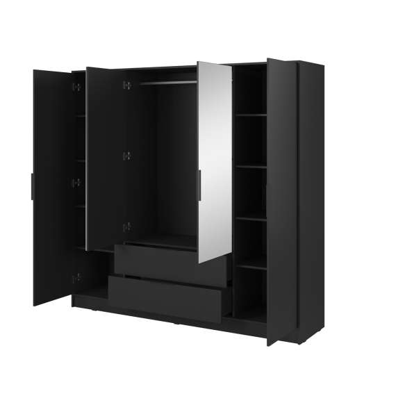 Garderobeskap Kelly 206x200 cm - sort - speil - med innredning