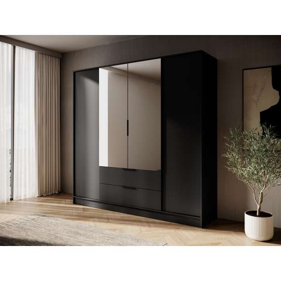 Garderobeskap Kelly 206x200 cm - sort - speil - med innredning