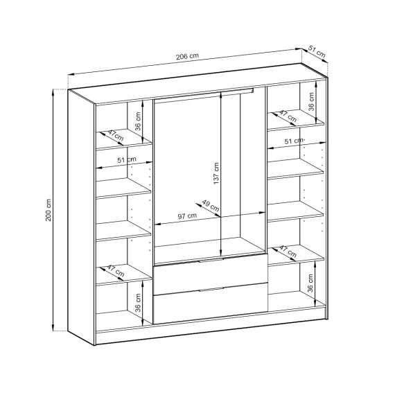 Garderobeskap Kelly 206x200 cm - sort - speil - med innredning