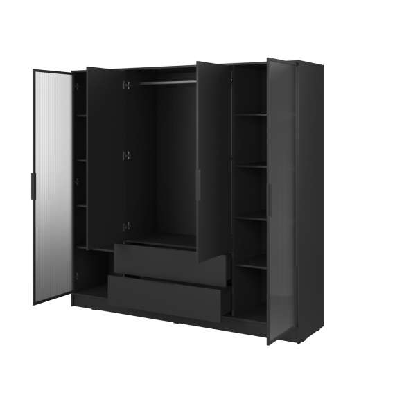 Garderobeskap Kelly 206x200 cm - sort - glassdører - med innredning