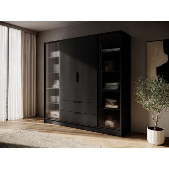 Garderobeskap Kelly 206x200 cm - sort - glassdører - med innredning