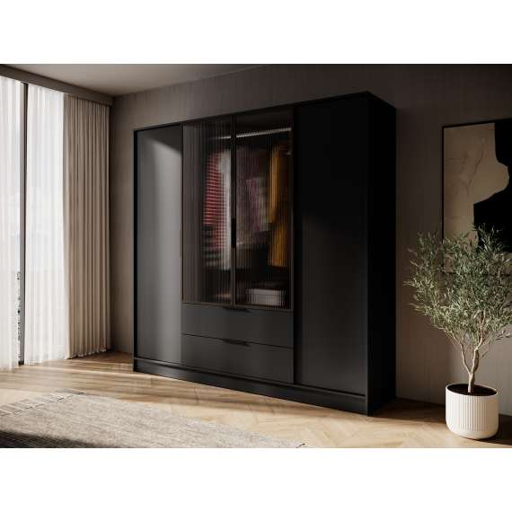 Garderobeskap Kelly 206x200 cm - sort - glassdører - med innredning