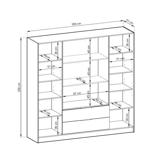 Garderobeskap Kelly 206x200 cm - sort - hyller - med innredning