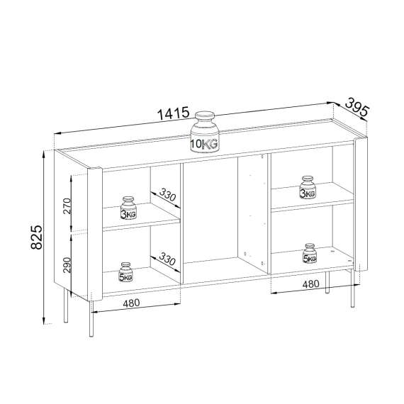 Skjenk Wrap 142x83 cm - valnøtt -cashmere - 2 dører - 3 skuffer