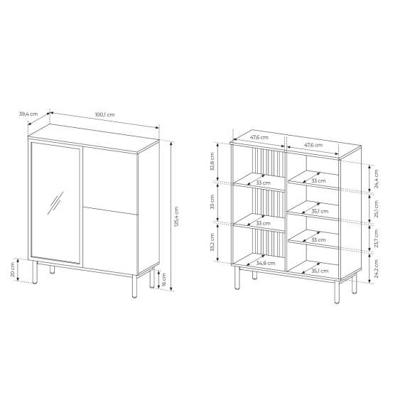 Vitrineskap Lang 100x125 cm - med belysning