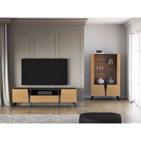 Tv-benk Toscania 180x52 cm - 2 dører - 1 skuff - eik baltica - aske svart - svart glass