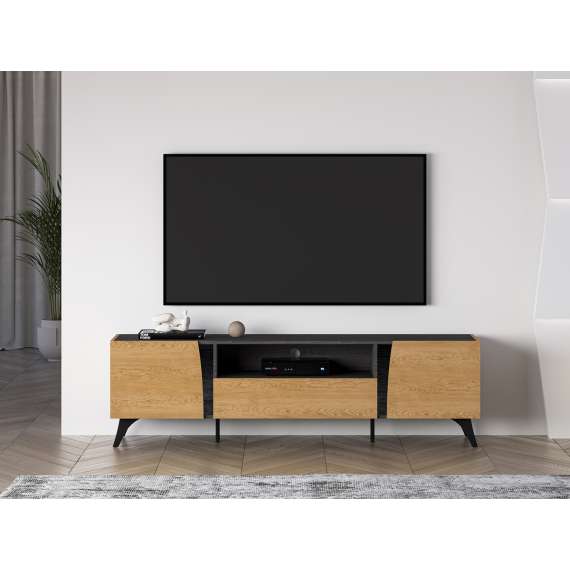Tv-benk Toscania 180x52 cm - 2 dører - 1 skuff - eik baltica - aske svart - svart glass