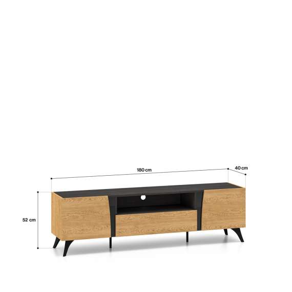 Tv-benk Toscania 180x52 cm - 2 dører - 1 skuff - eik baltica - aske svart - svart glass
