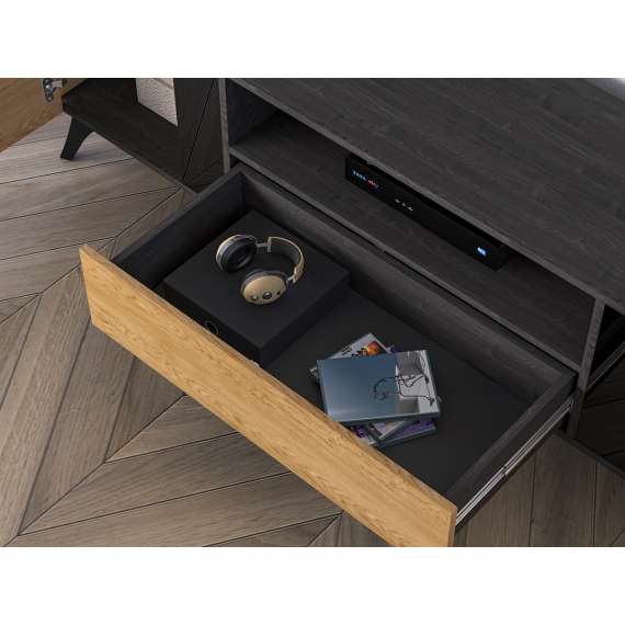 Tv-benk Toscania 180x52 cm - 2 dører - 1 skuff - eik baltica - aske svart - svart glass