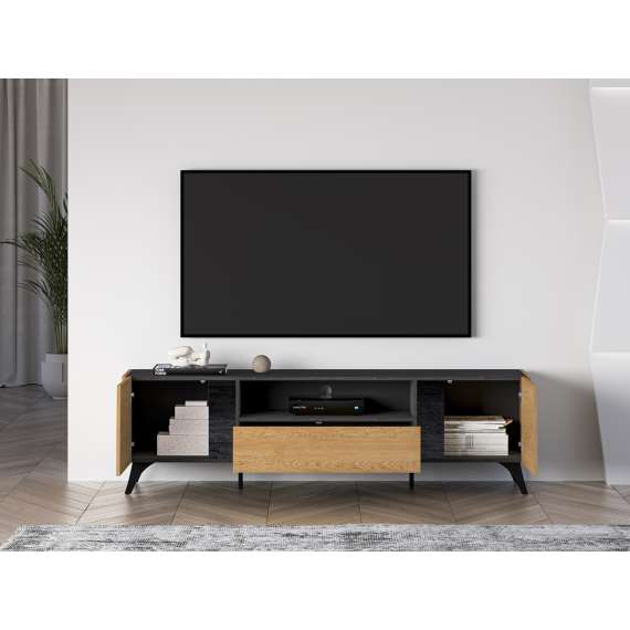 Tv-benk Toscania 180x52 cm - 2 dører - 1 skuff - eik baltica - aske svart - svart glass