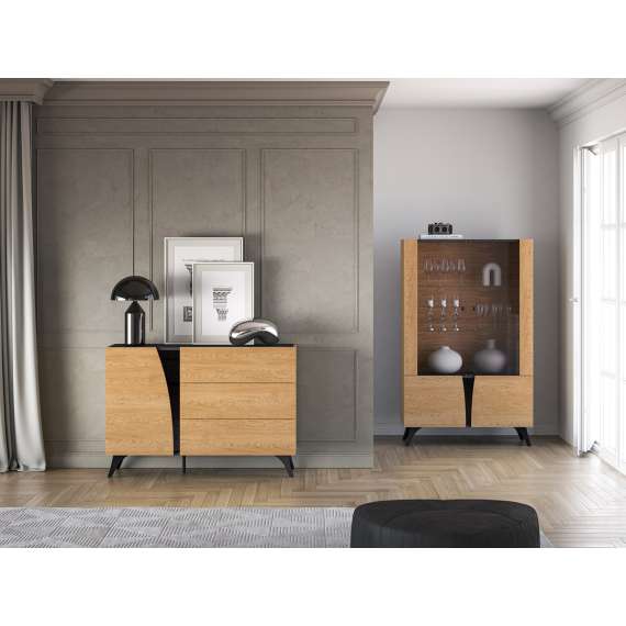 Skjenk Toscania 120x82 cm - 1 dør - 3 skuffer - eik baltica - aske svart - svart glass