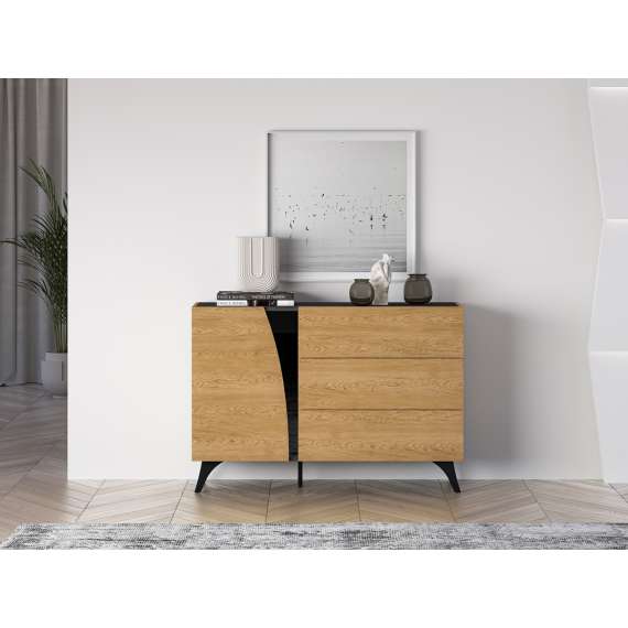 Skjenk Toscania 120x82 cm - 1 dør - 3 skuffer - eik baltica - aske svart - svart glass