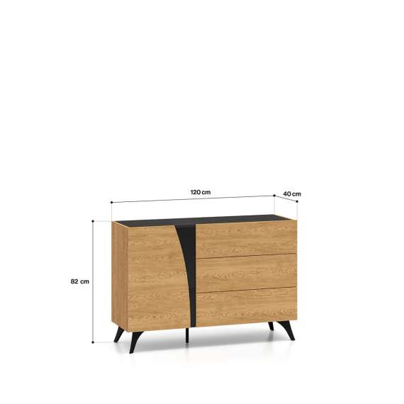 Skjenk Toscania 120x82 cm - 1 dør - 3 skuffer - eik baltica - aske svart - svart glass