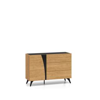 Skjenk Toscania 120x82 cm - 1 dør - 3 skuffer - eik baltica - aske svart - svart glass