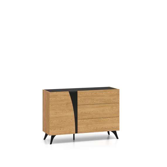 Skjenk Toscania 120x82 cm - 1 dør - 3 skuffer - eik baltica - aske svart - svart glass