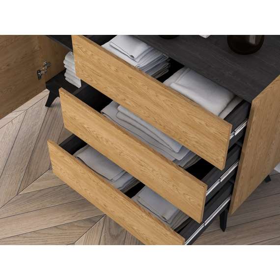 Skjenk Toscania 120x82 cm - 1 dør - 3 skuffer - eik baltica - aske svart - svart glass