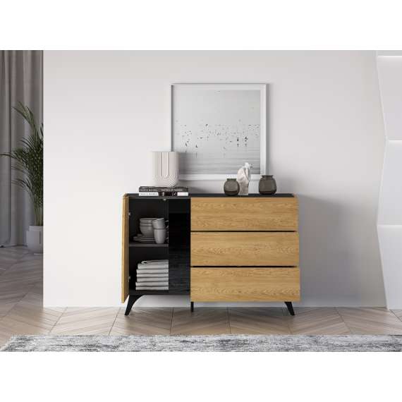 Skjenk Toscania 120x82 cm - 1 dør - 3 skuffer - eik baltica - aske svart - svart glass