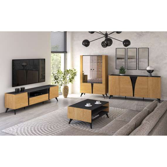 Tv-benk Toscania 180x52 cm - 2 dører - 1 skuff - eik baltica - aske svart - svart glass