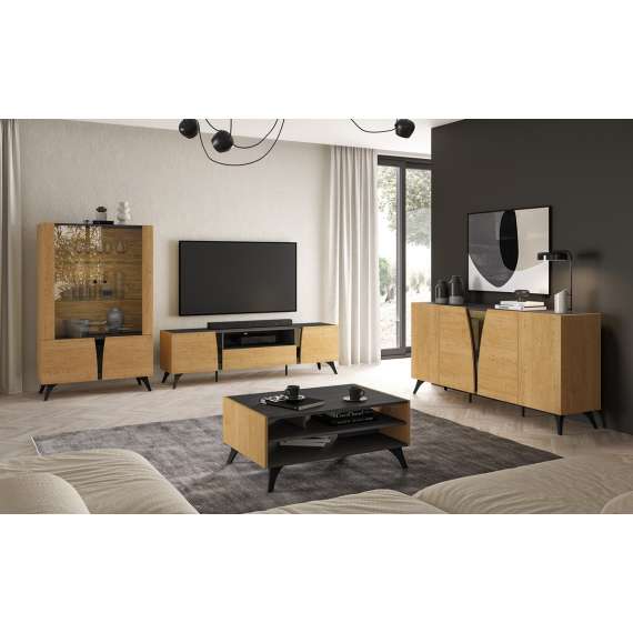 Tv-benk Toscania 180x52 cm - 2 dører - 1 skuff - eik baltica - aske svart - svart glass